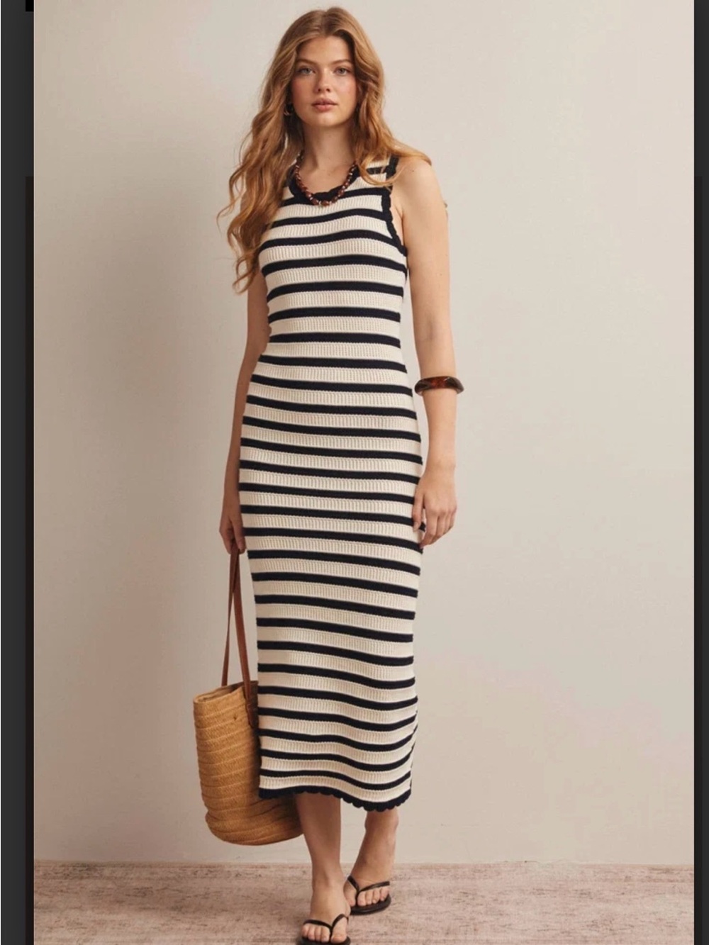 Forte Black and Cream Striped Sleeveless Knit Midi Dress